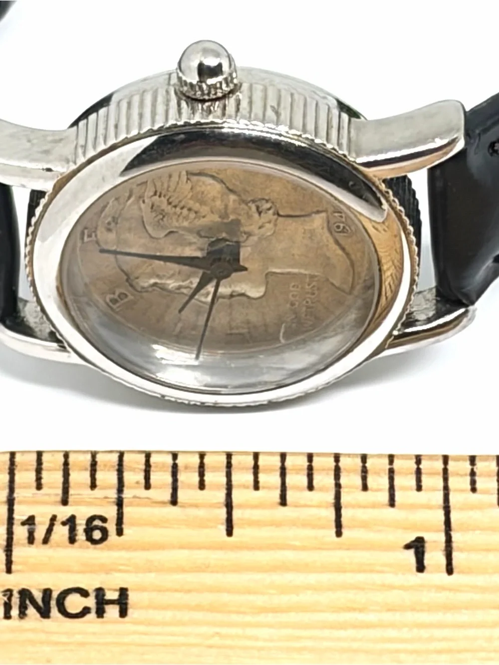 Vintage WORKING Mercury Silver Dime Ladies Quartz Wrist Watch Leather Strap